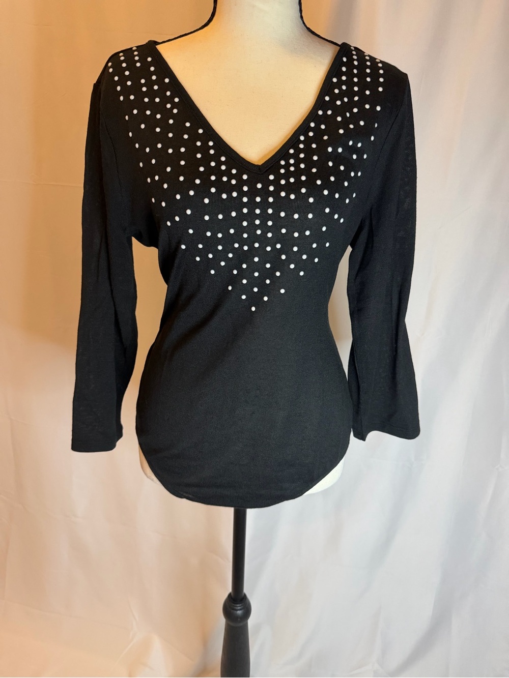 Madison Black V-Neck Long Sleeve Bodysuit Top with Silver Stud Accents